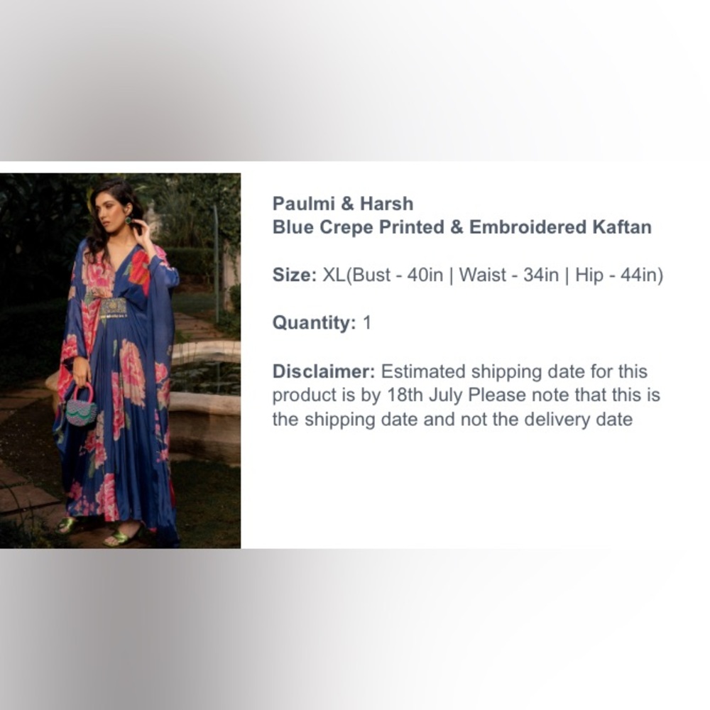Paulmi & Harah: Blue crepe printed and embroidered kaftan - Picture 8 of 8